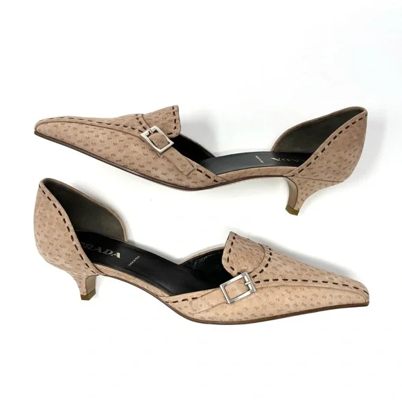 Vintage Prada 90s Y2K Ostrich Tan Brown Buckle Kitten Heels Pumps Shoes 37.5 7.5
